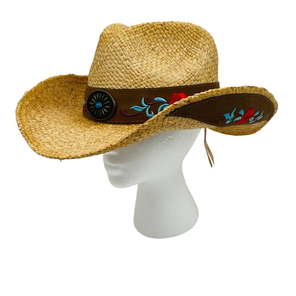 C.C. Western Cowboy Hat with‎ Leather Trim and Embroidery UPF 50+ NWT